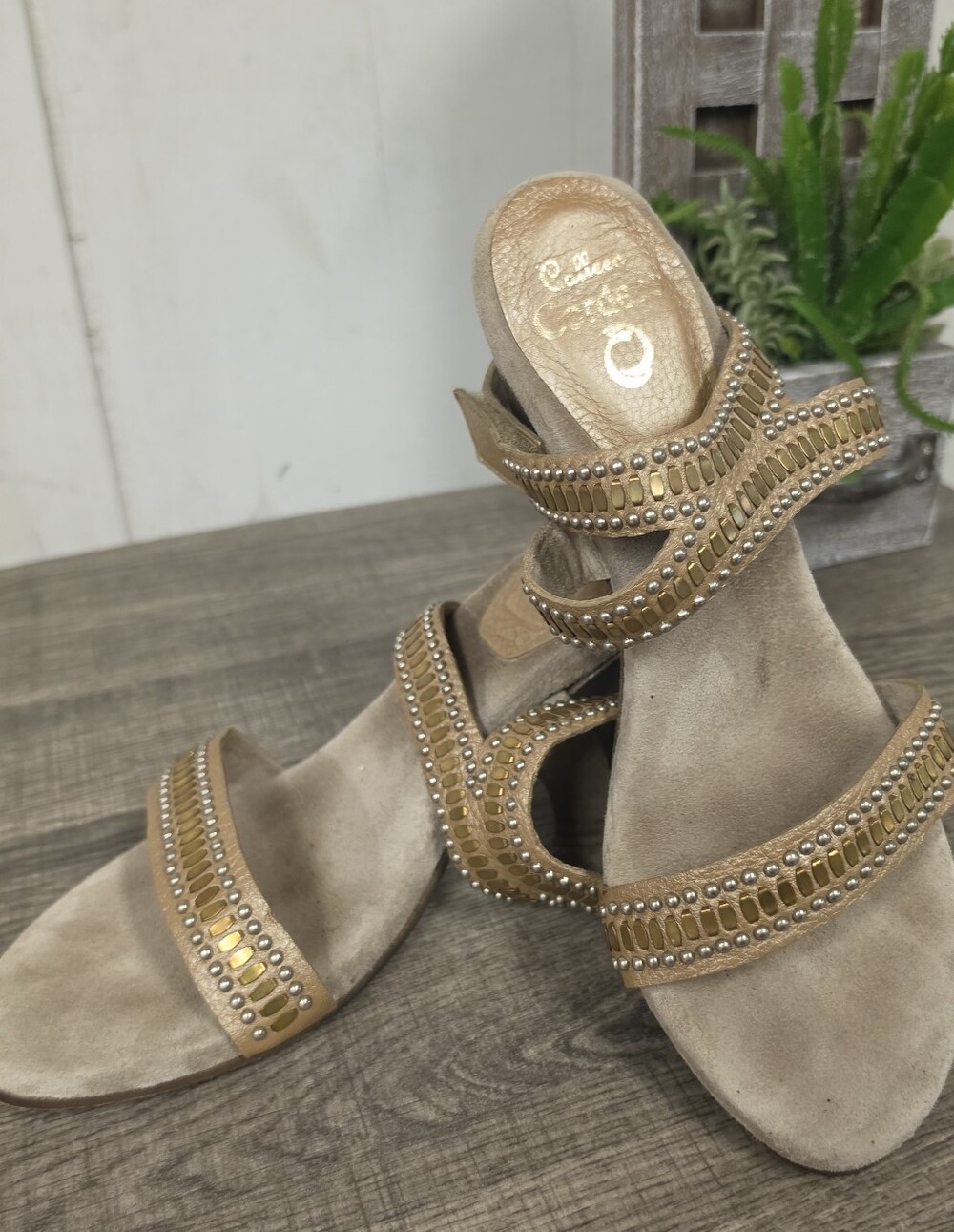 Calleen Cordero Studded Tan Heeled Sandals Size 9 Made In USA Boho Beach Summer